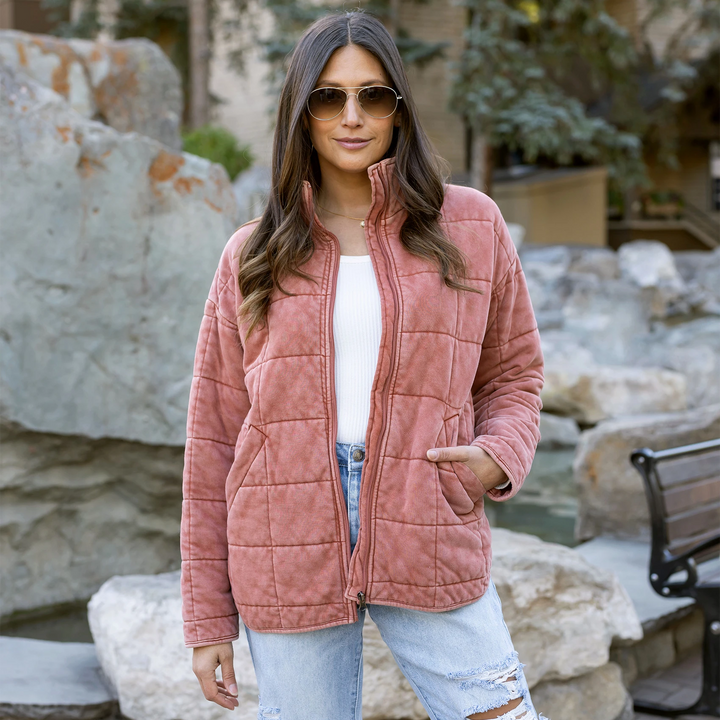 Grace and Lace Mineral Washed Quilted Jacket in Terracotta