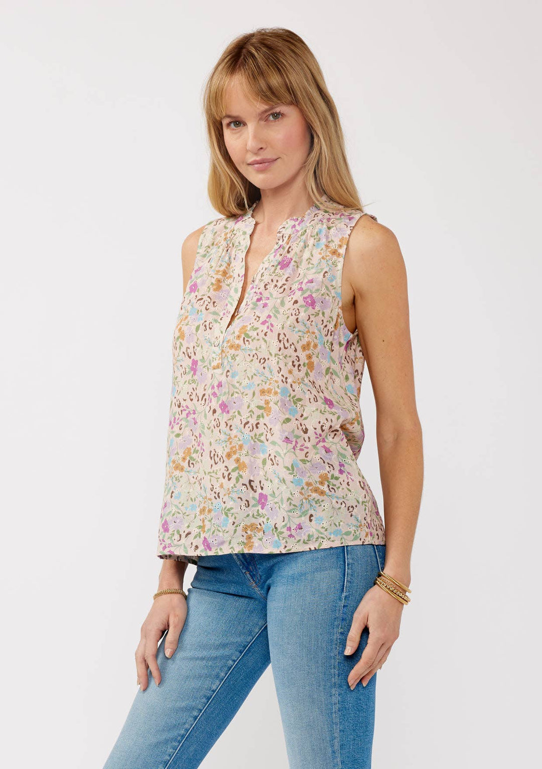 Floral Rayon Eyelet Button-Front Tank