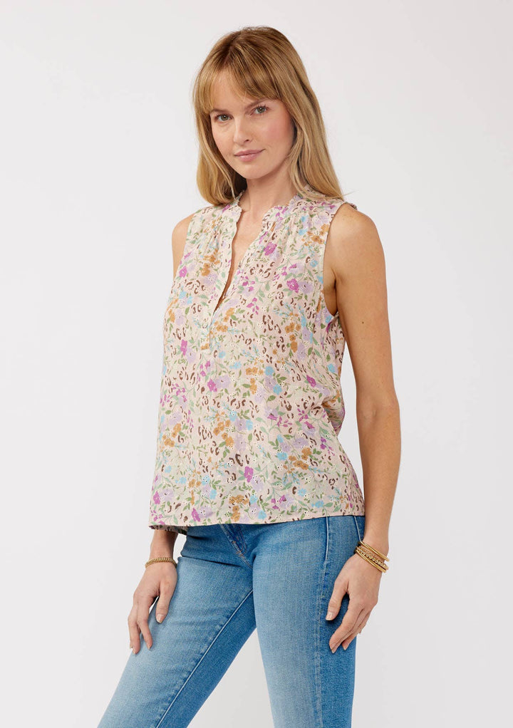 Floral Rayon Eyelet Button-Front Tank