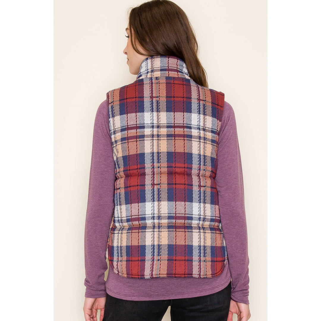 Jacquard Plaid Padded Vest in Scarlet