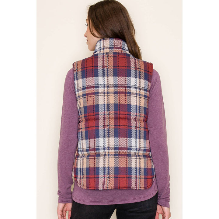 Jacquard Plaid Padded Vest in Scarlet