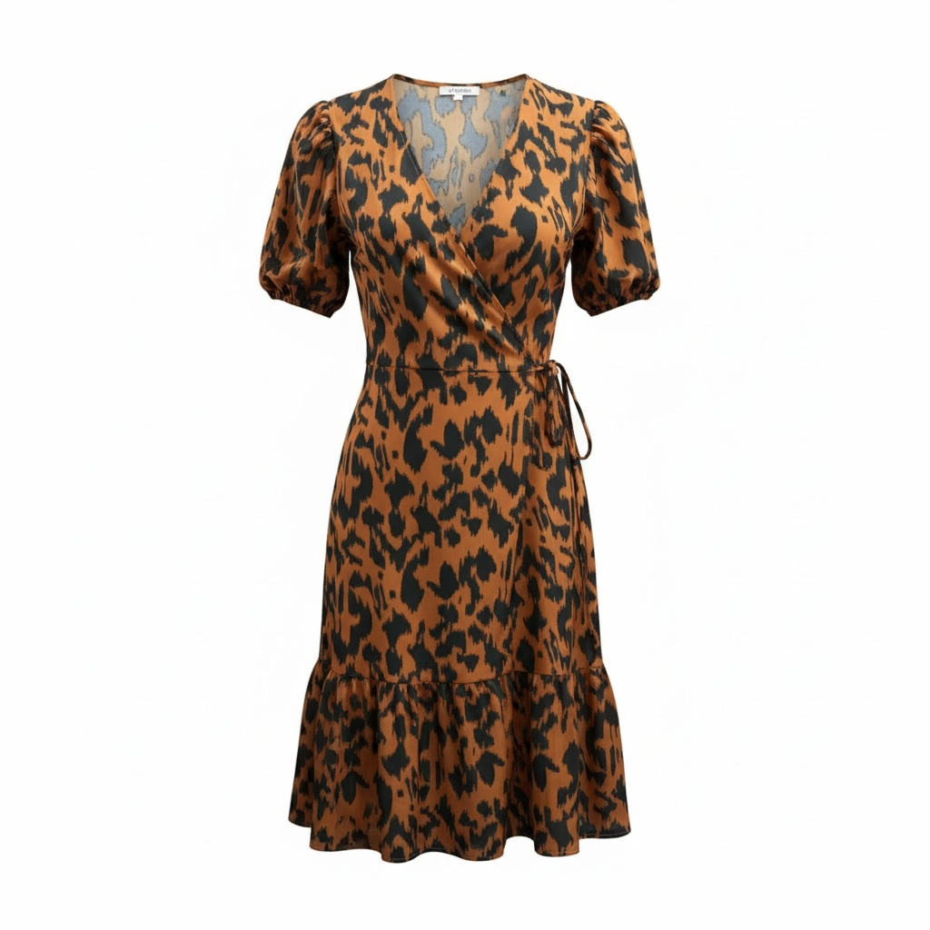 Cheetah Print Wrap Dress - Rust/Black