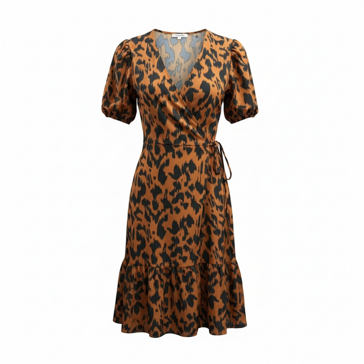 Cheetah Print Wrap Dress - Rust/Black