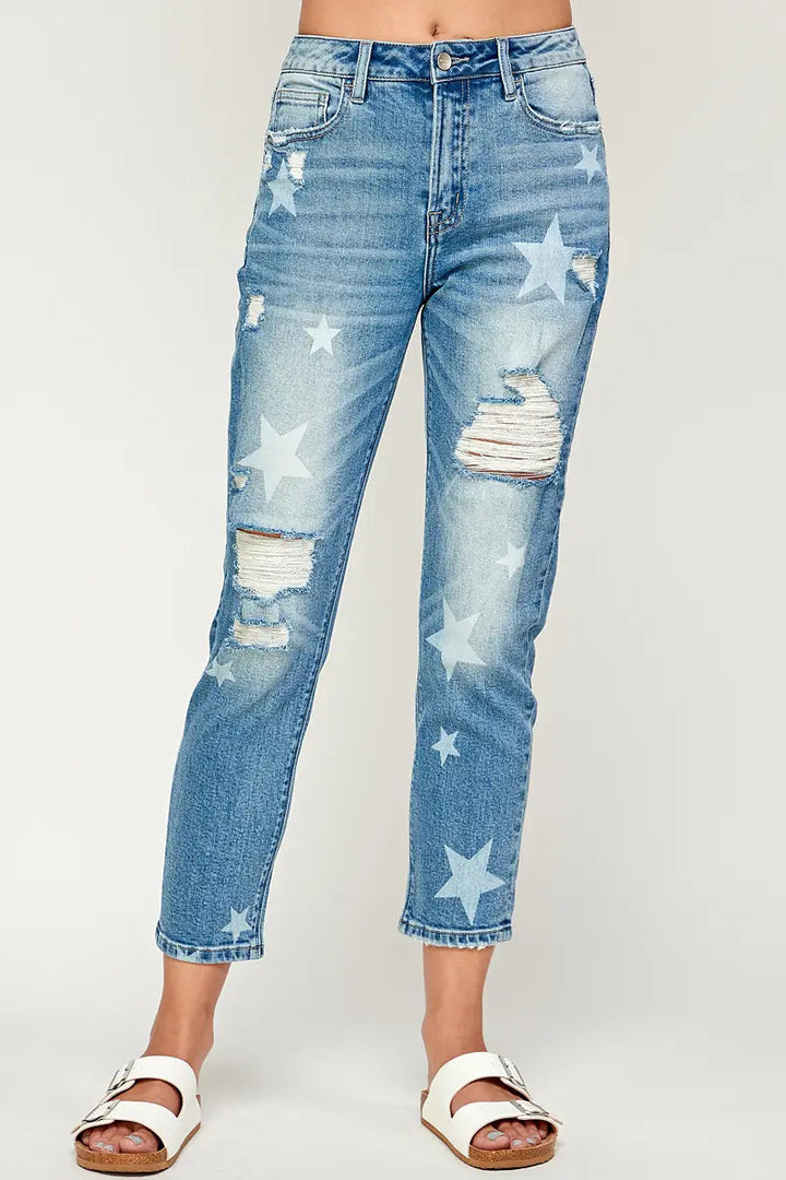 I&M Jeans - Distressed Stretch Mom Jeans w/ Stars - Medium Wash