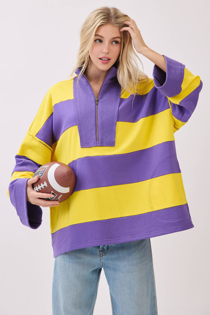 Varsity Stripe Oversized Zip Pullover - Red/Black
