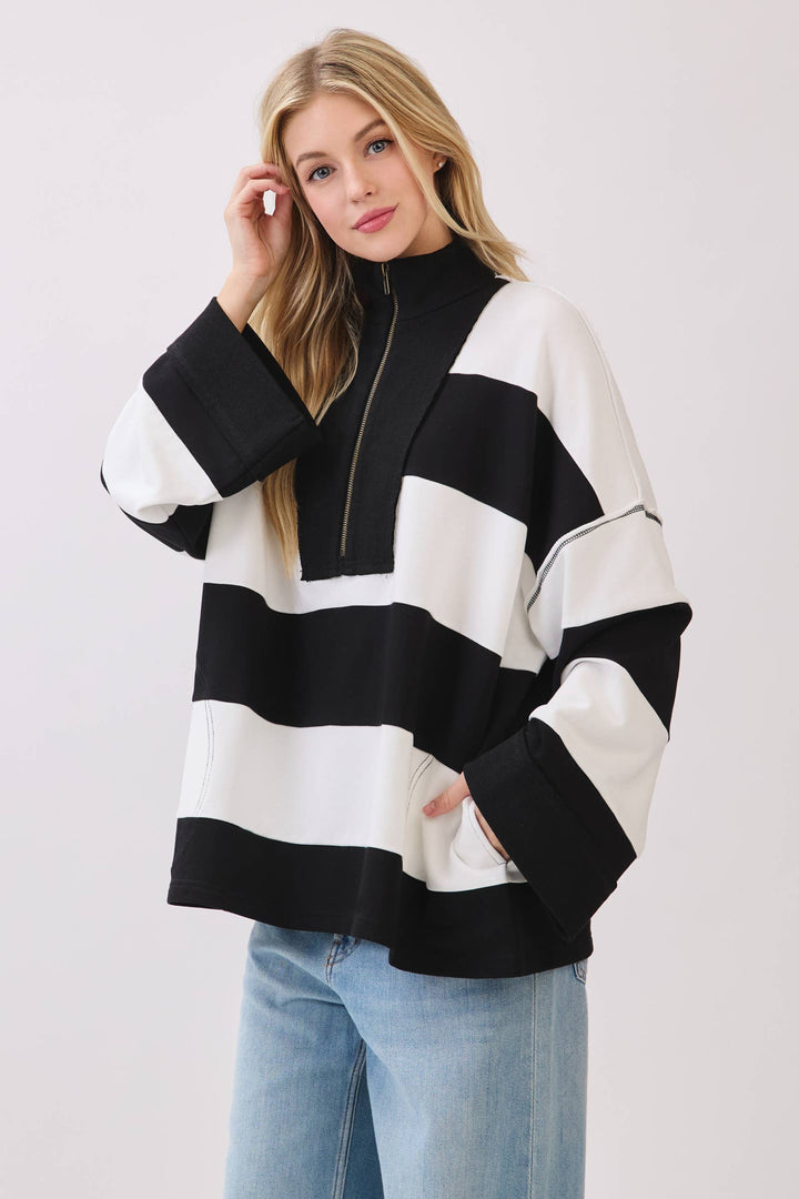 Varsity Stripe Oversized Zip Pullover - Red/Black