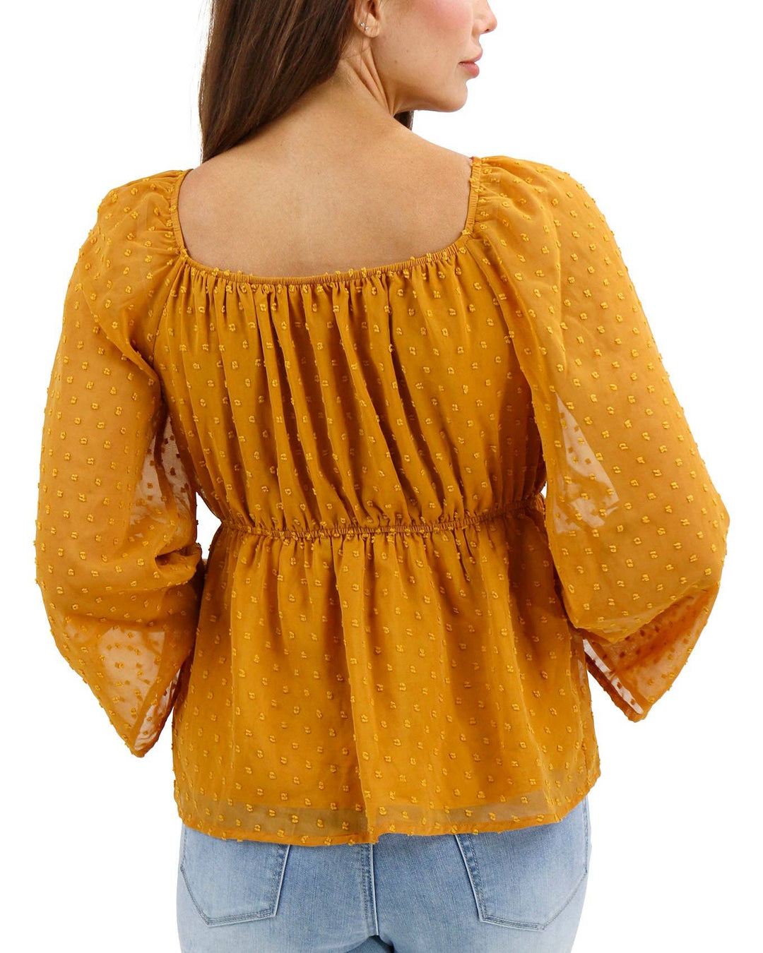 Dobby Dot Peplum Top In Honey Gold