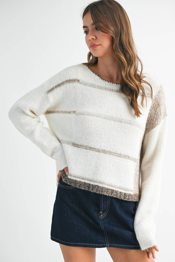 Mona Knit Stripe Pullover Sweater - White/Oat