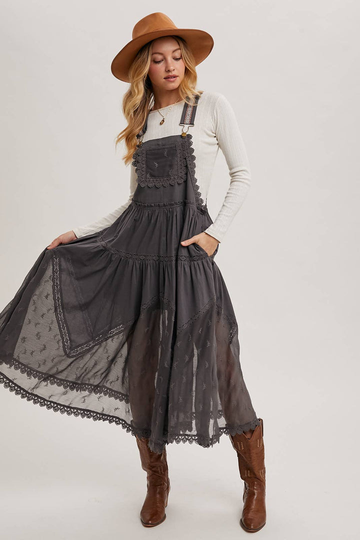 LACE EMBROIDERED TULLE BIB MAXI DRESS