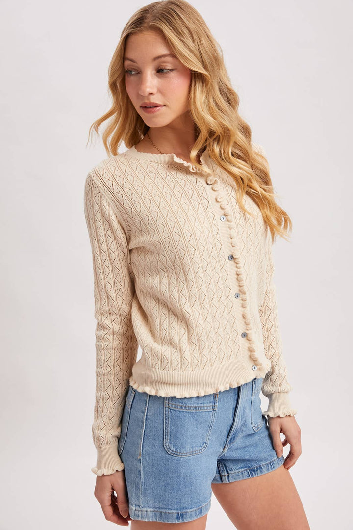 Pointelle Knit Button Down Cardi - Natural