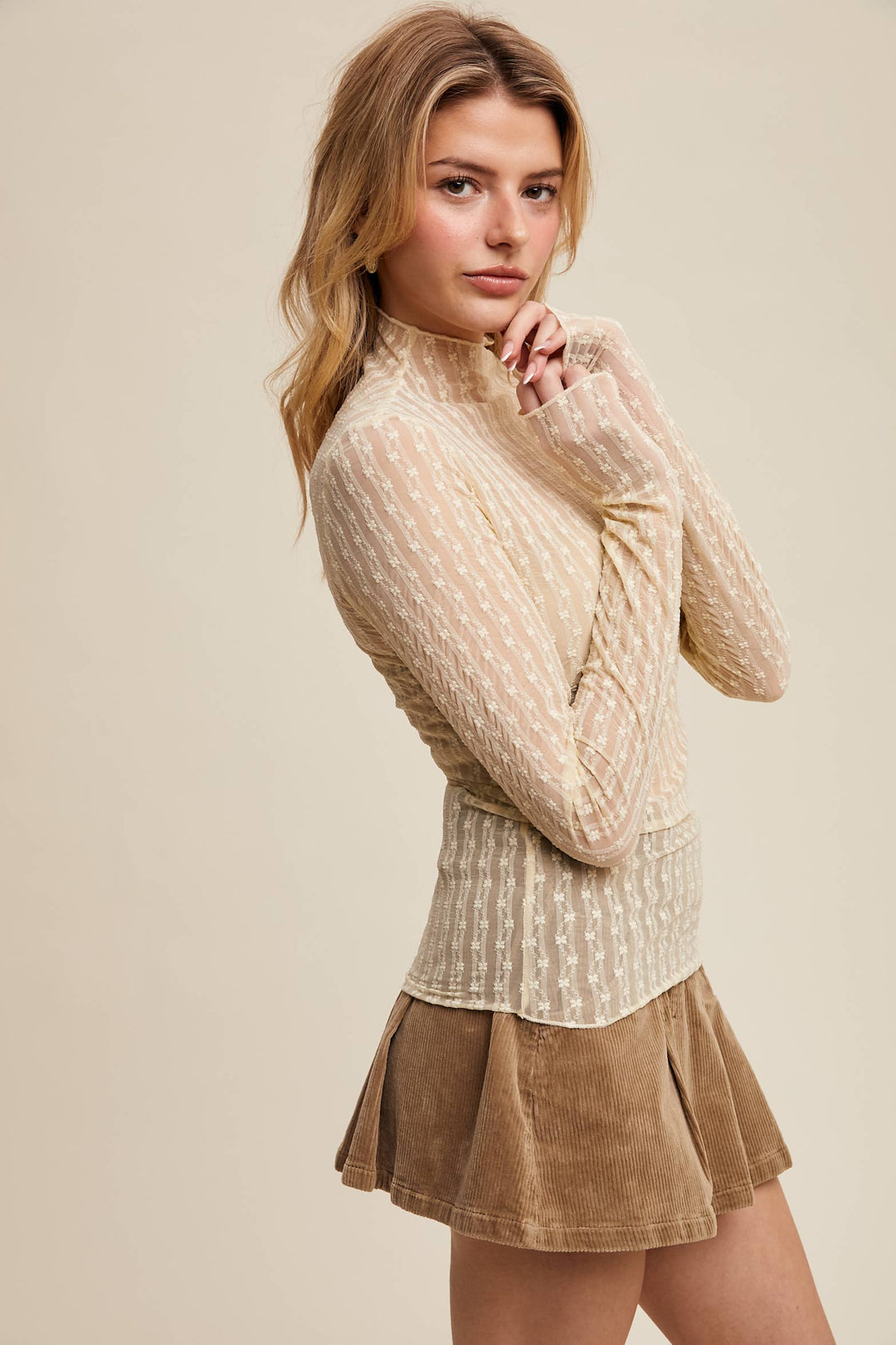 Semi Sheer Textured Lace Layering Top - Butter