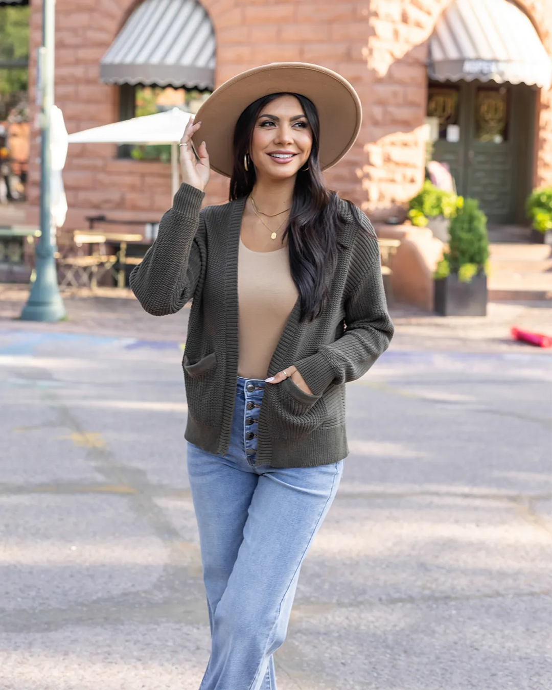 Slouchy Knit Pocket Cardigan In Deep Olive