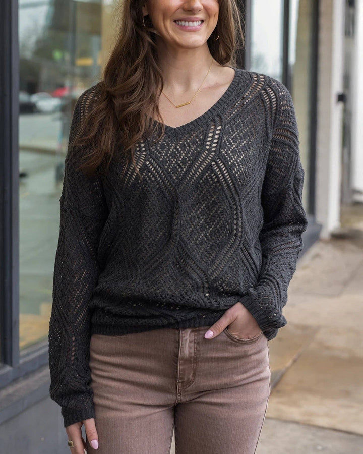 Grace and Lace V-Neck Pointelle Sweater in Charcoal