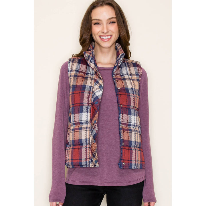 Jacquard Plaid Padded Vest in Scarlet