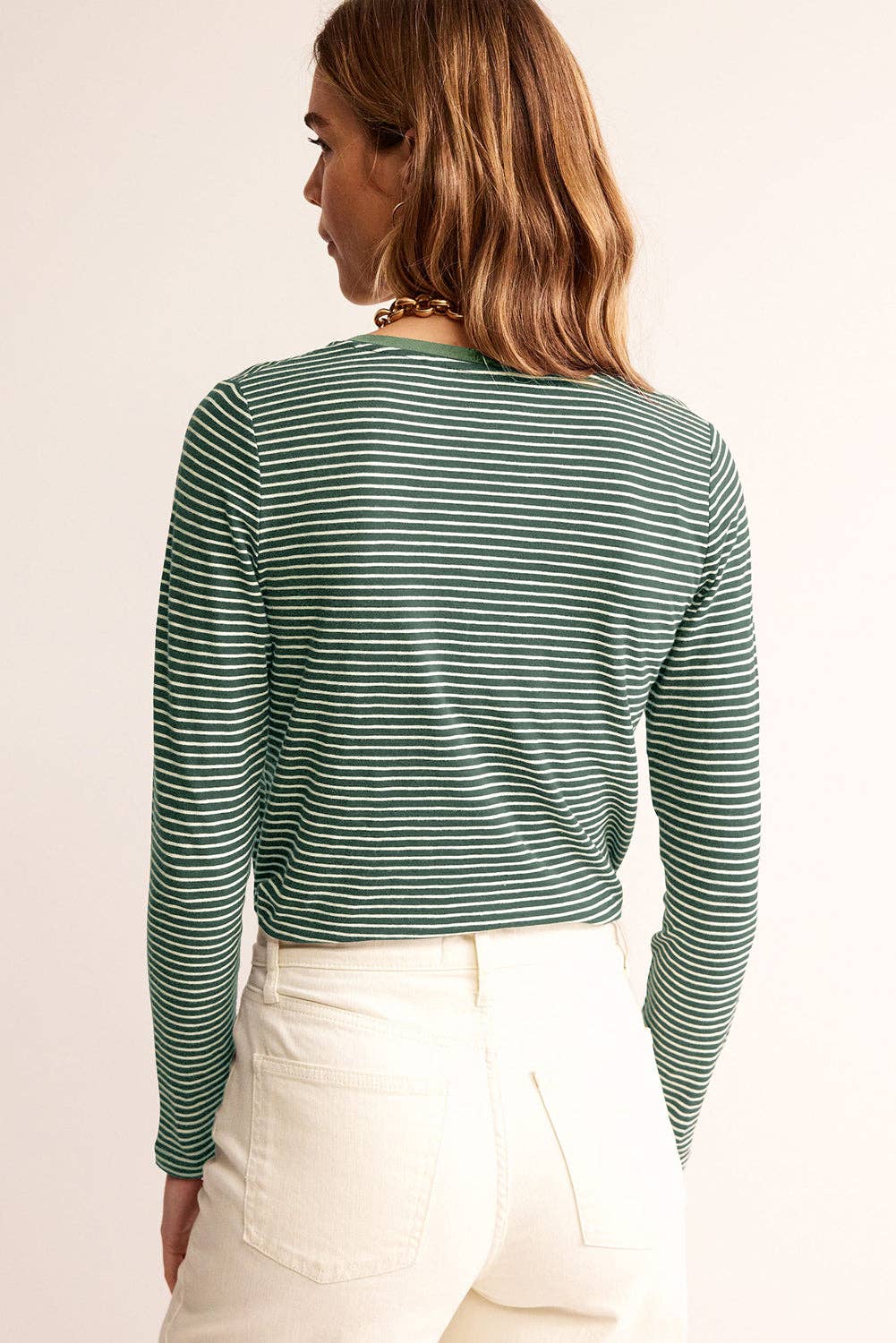 Green Stripe V Neck Stretchy Long Sleeve Top