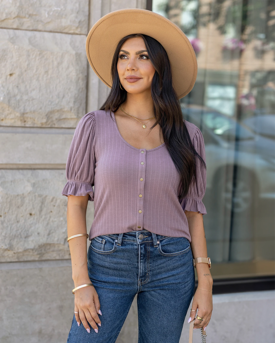 Grace and Lace Scoop Neck Puff Sleeve Top In Mystic Purple
