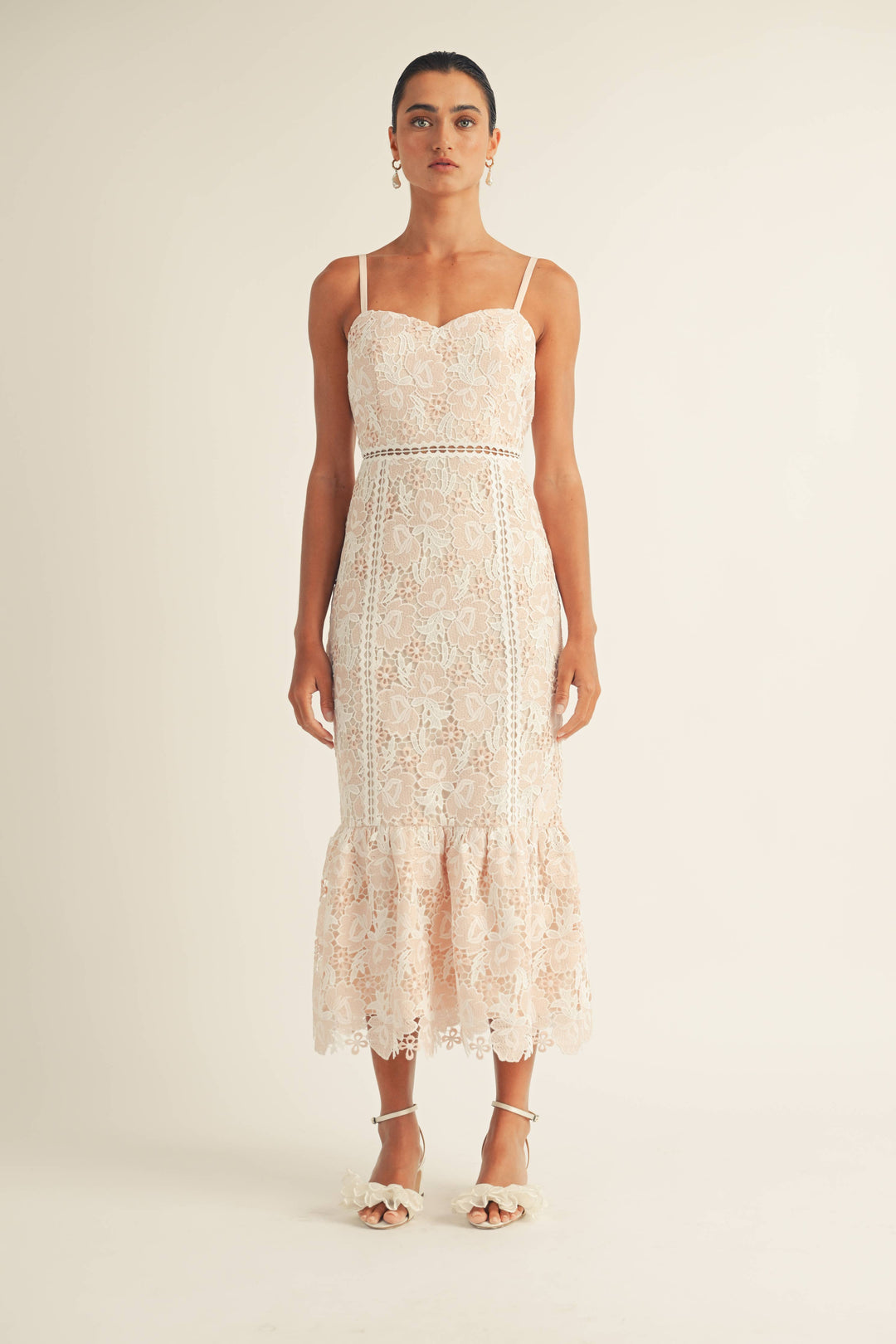Jenna - Spaghetti Strap Sweetheart Floral Lace Midi Dress