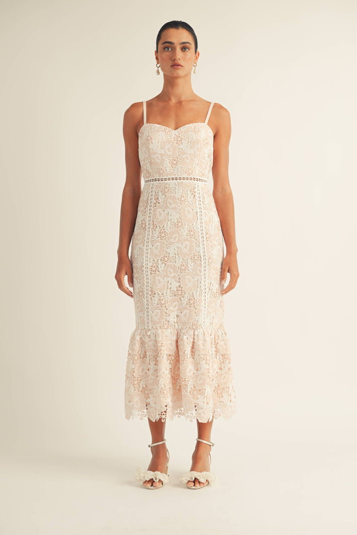 Jenna - Spaghetti Strap Sweetheart Floral Lace Midi Dress
