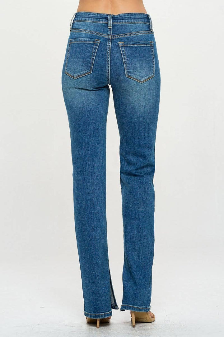 Mid Rise Straight Jeans with Side Slit in Dark Wash