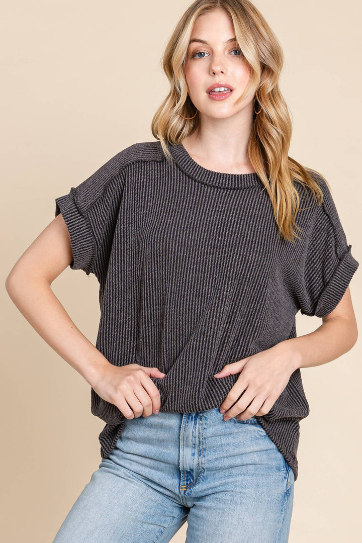 The Breezy Ribbed Knit Top - Charcoal