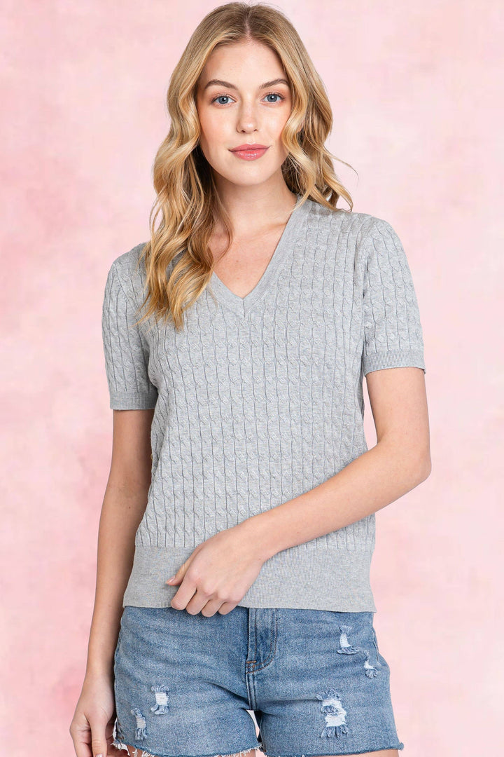 Cozy Vibes Cable Sweater Top - Grey
