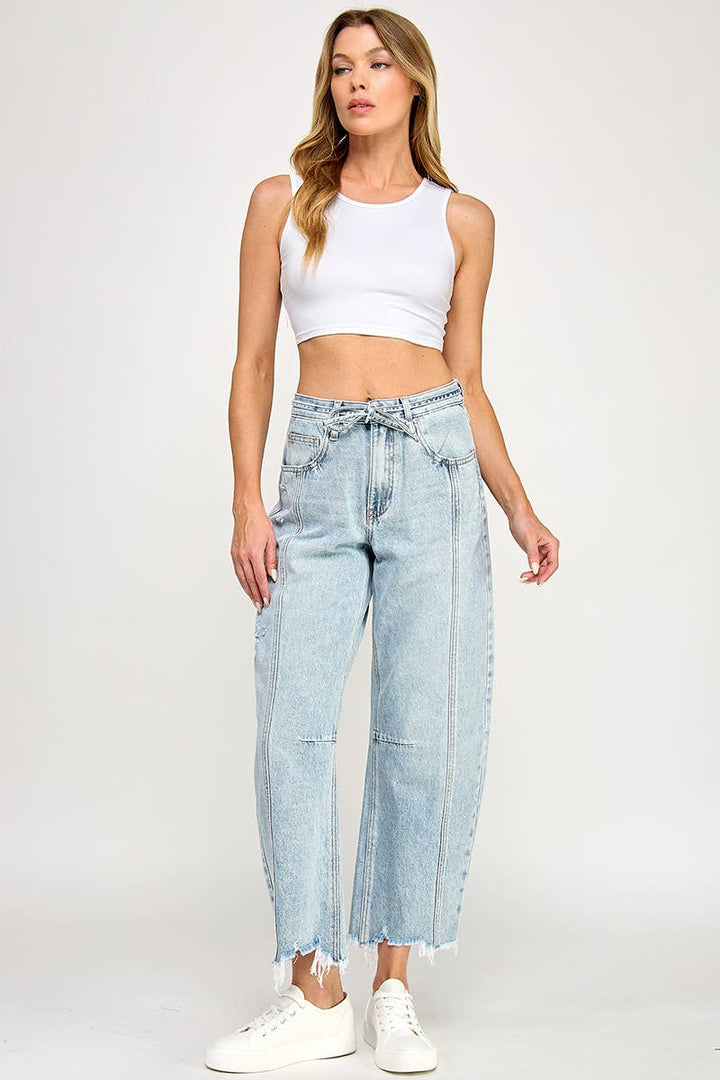 Stretch High Rise Tie-Waist Frayed Hem Barrel Jean  - Light Wash