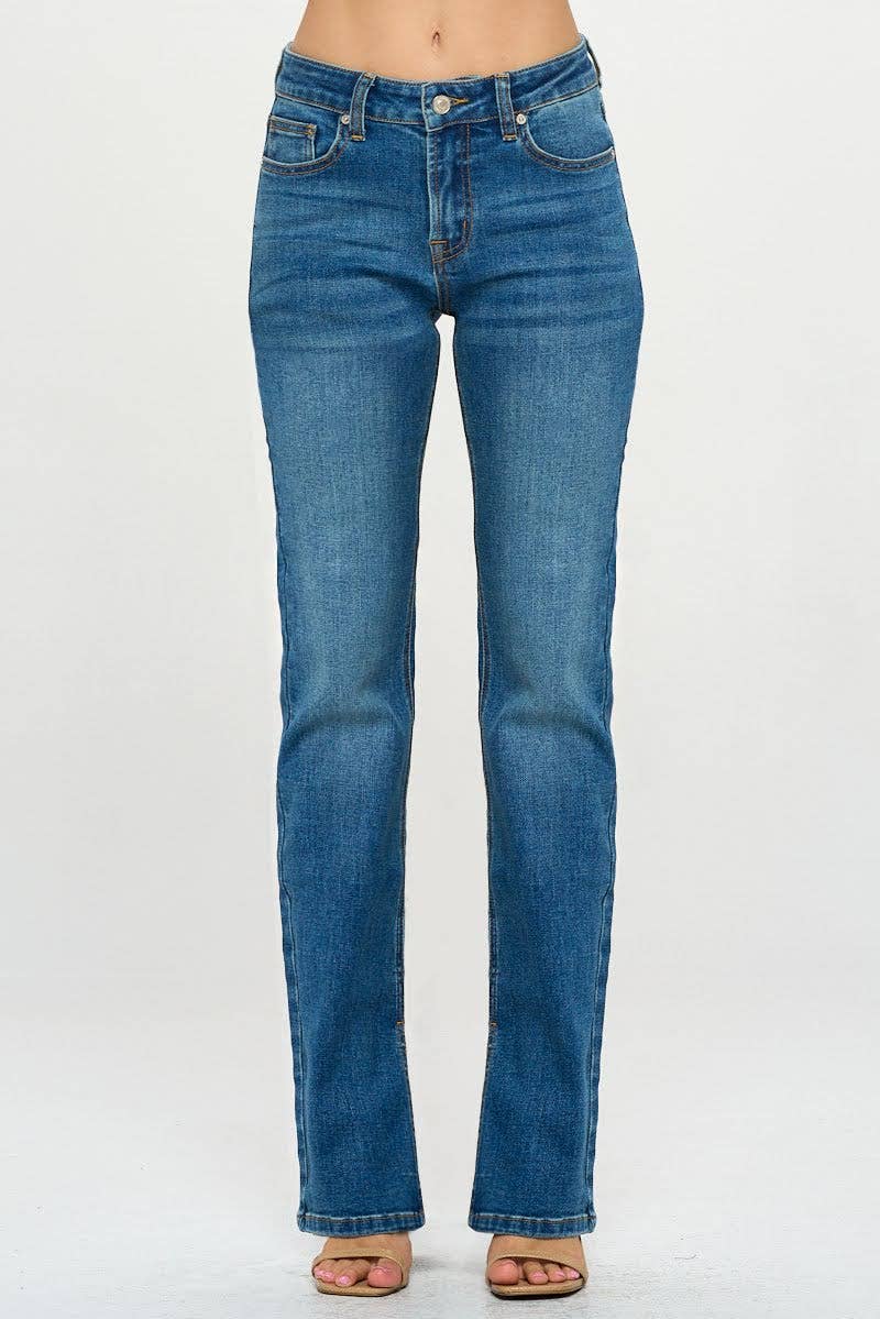 Mid Rise Straight Jeans with Side Slit in Dark Wash