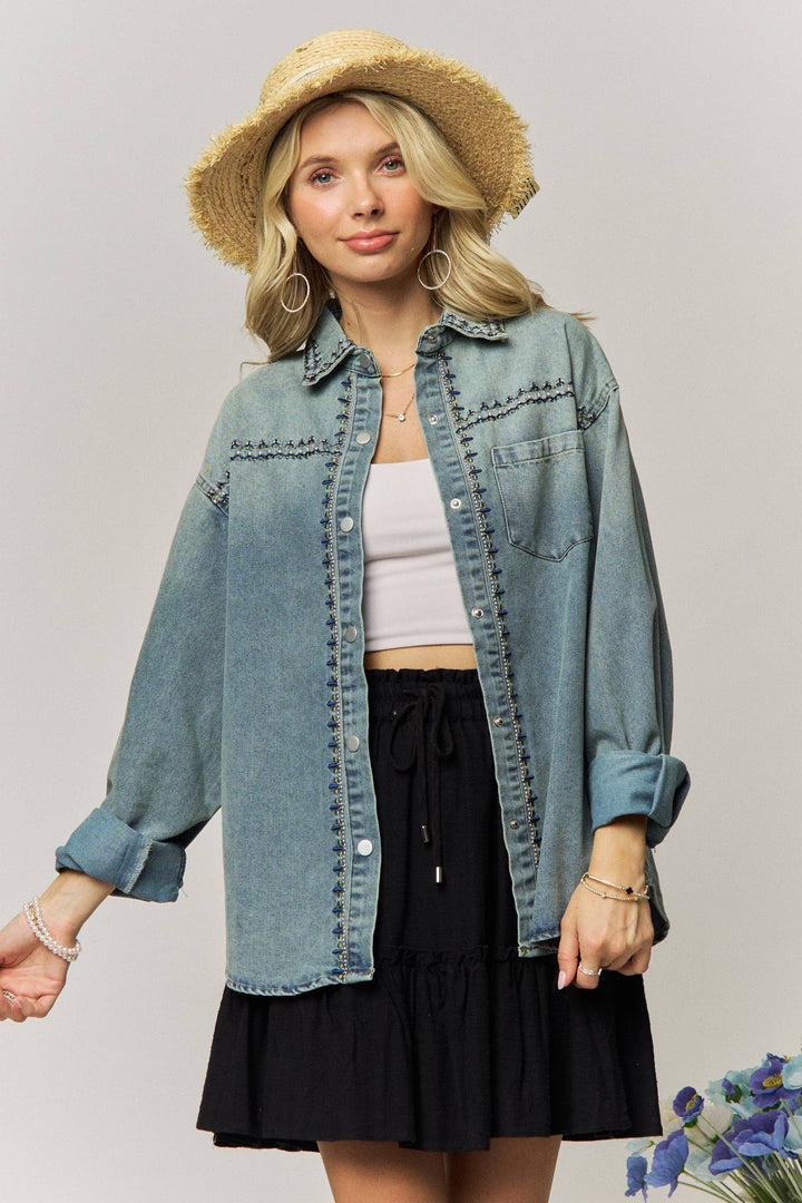 Oversized Denim Button-Up Shirt with Ornamental Embroidery