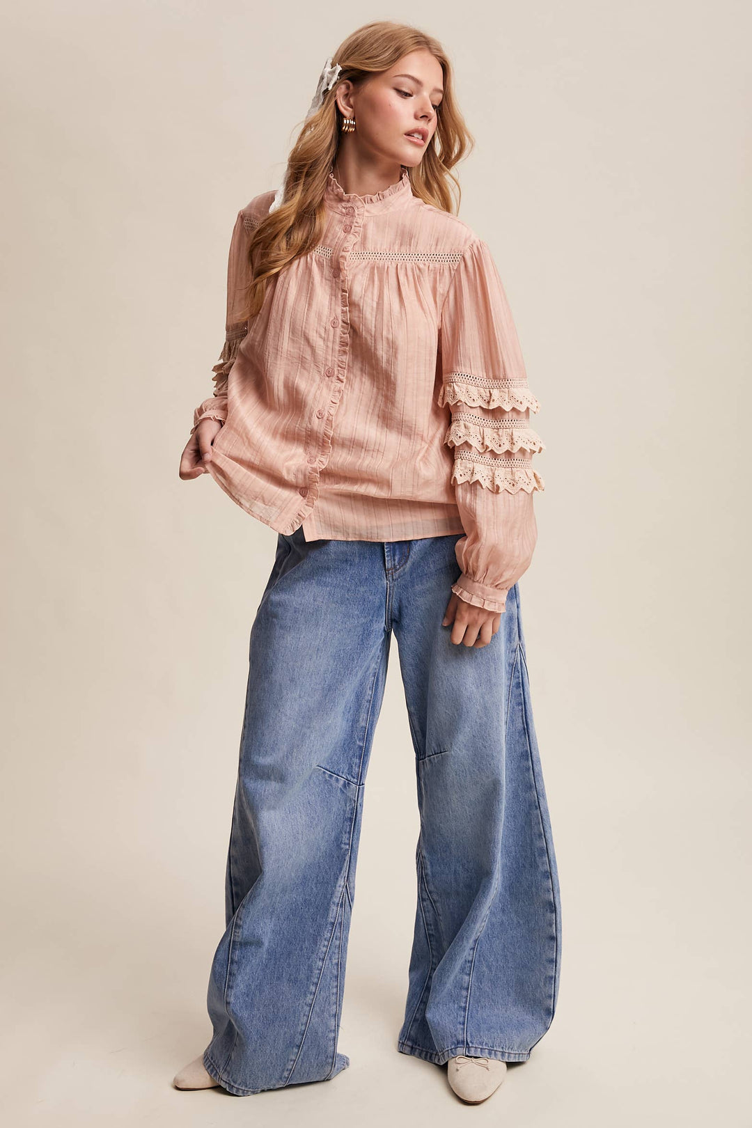 Lace Ruffle Sleeve Pintuck Blouse - Blush