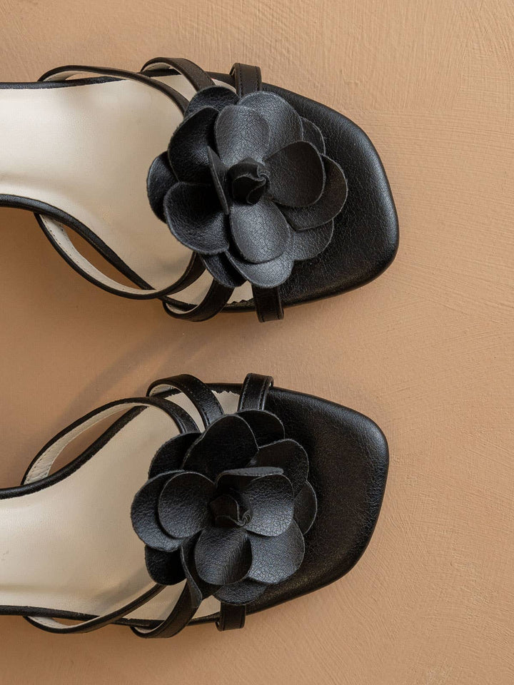 The Roseville Black | Strappy Lace-Up Rose Heel