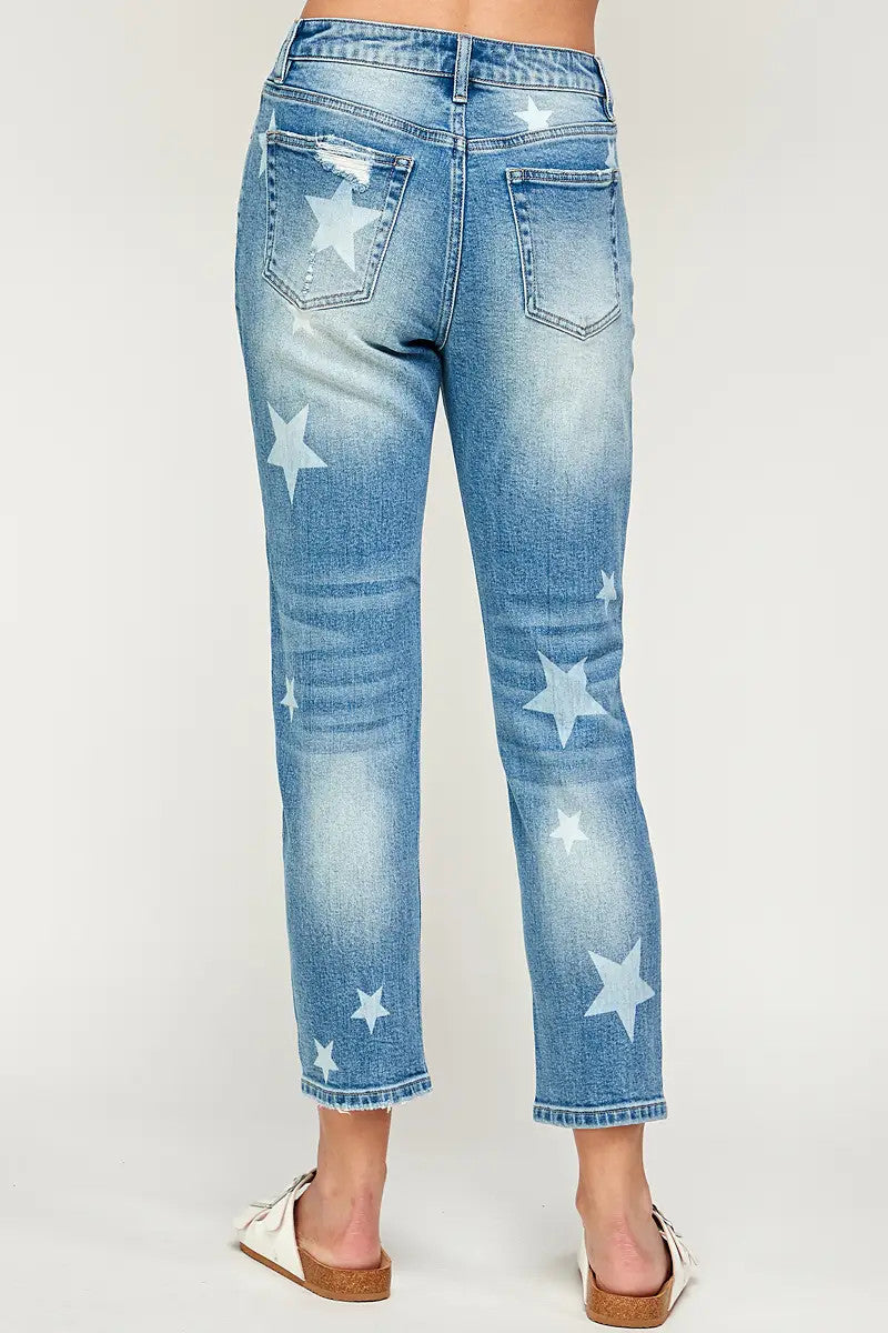 I&M Jeans - Distressed Stretch Mom Jeans w/ Stars - Medium Wash