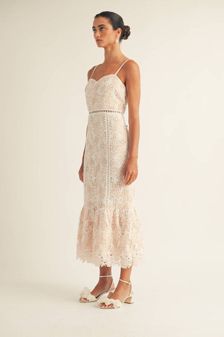 Jenna - Spaghetti Strap Sweetheart Floral Lace Midi Dress