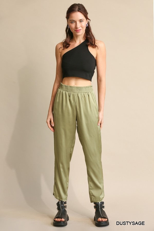 Solid Satin & Elastic Waist Pants W/Side Slits & Pock- In Dusty Sage