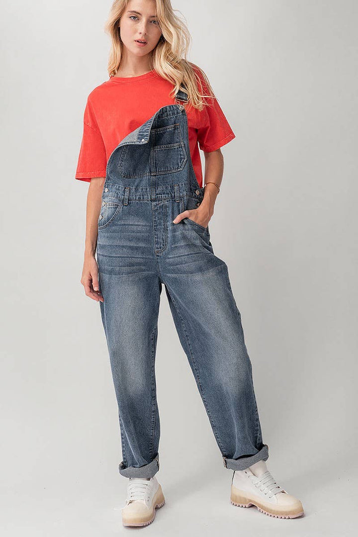 Relaxed Fit Denim Overalls Mid Wash