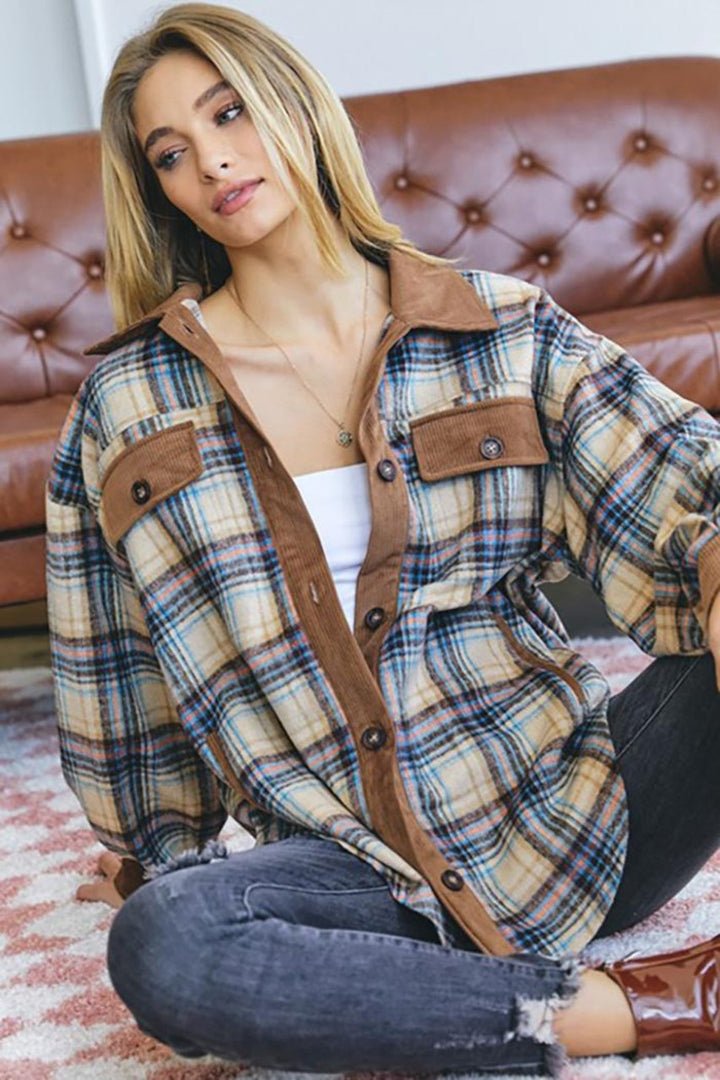 Corduroy and Flannel Plaid Shacket - Plus Size