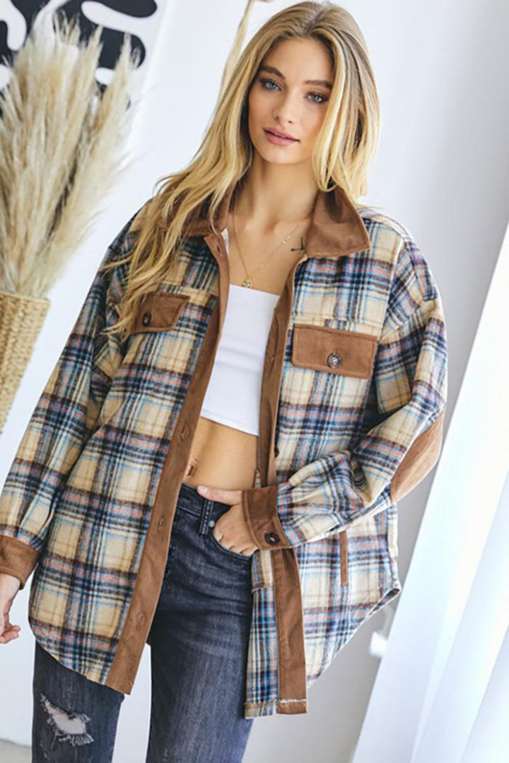 Corduroy and Flannel Plaid Shacket - Plus Size