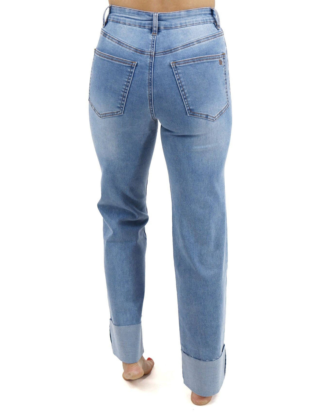 Straight Leg Cuffed Jeans In Mid-Wash