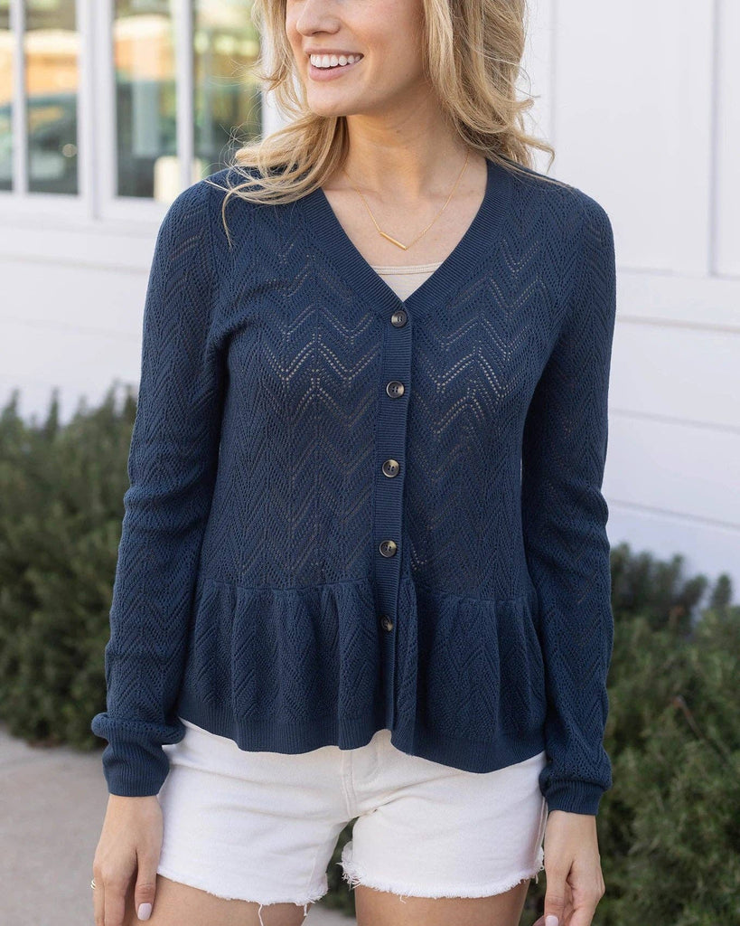 Grace and Lace Pointelle Peplum Cardigan in Deep Sea – Sublime
