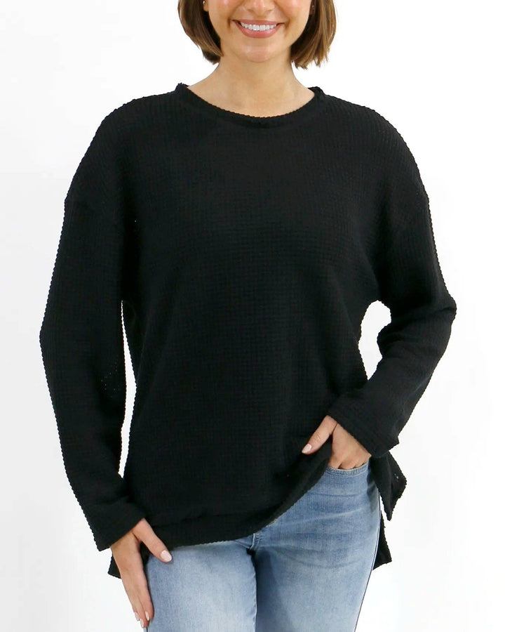 Slouchy Waffle Pullover in Black