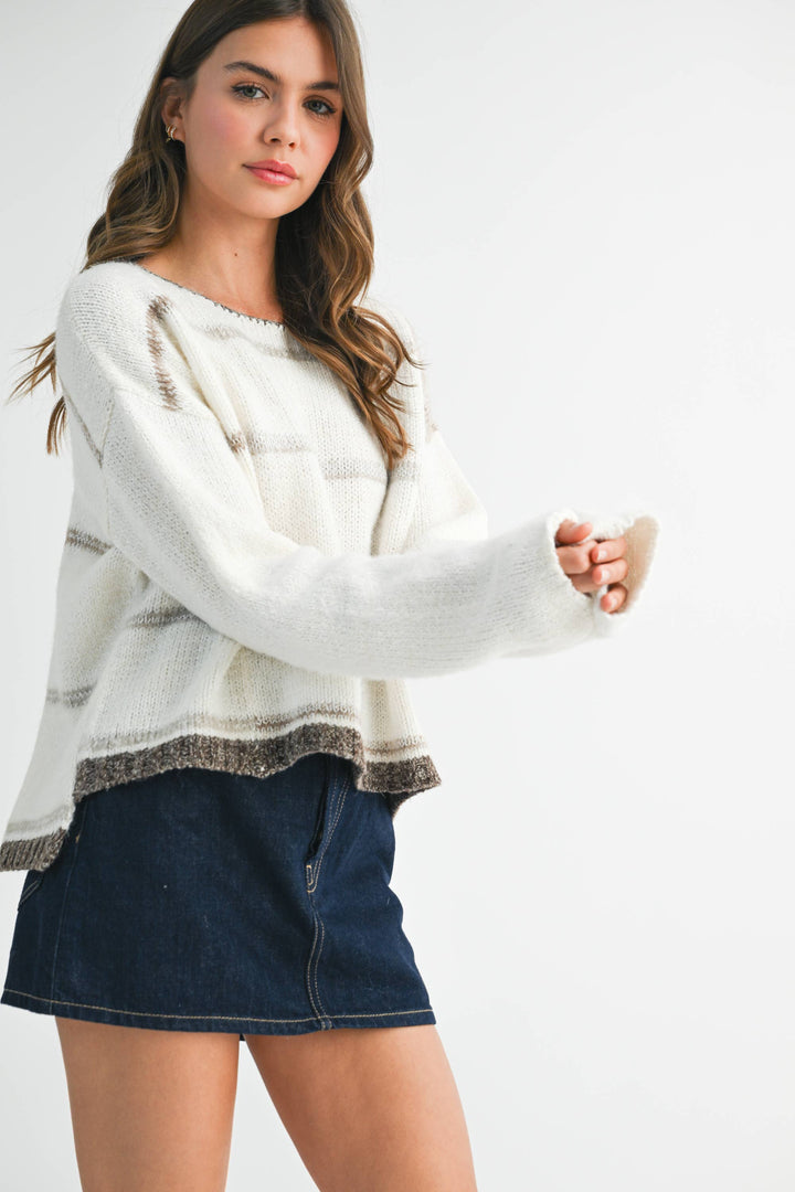 Mona Knit Stripe Pullover Sweater - White/Oat
