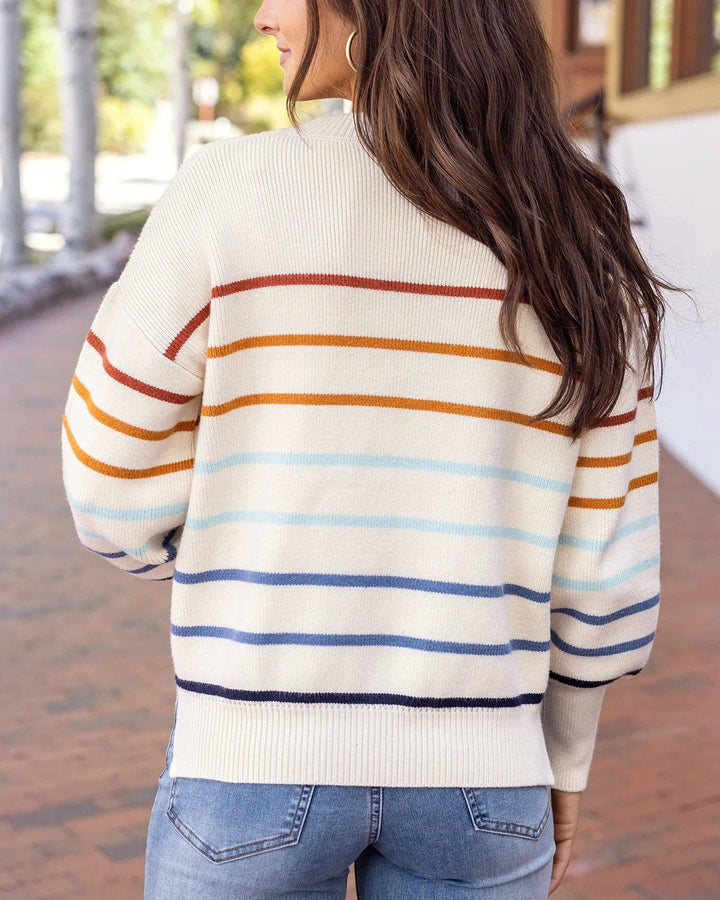 Crew Neck Striped Sweater in Ivory-Multi Stripe