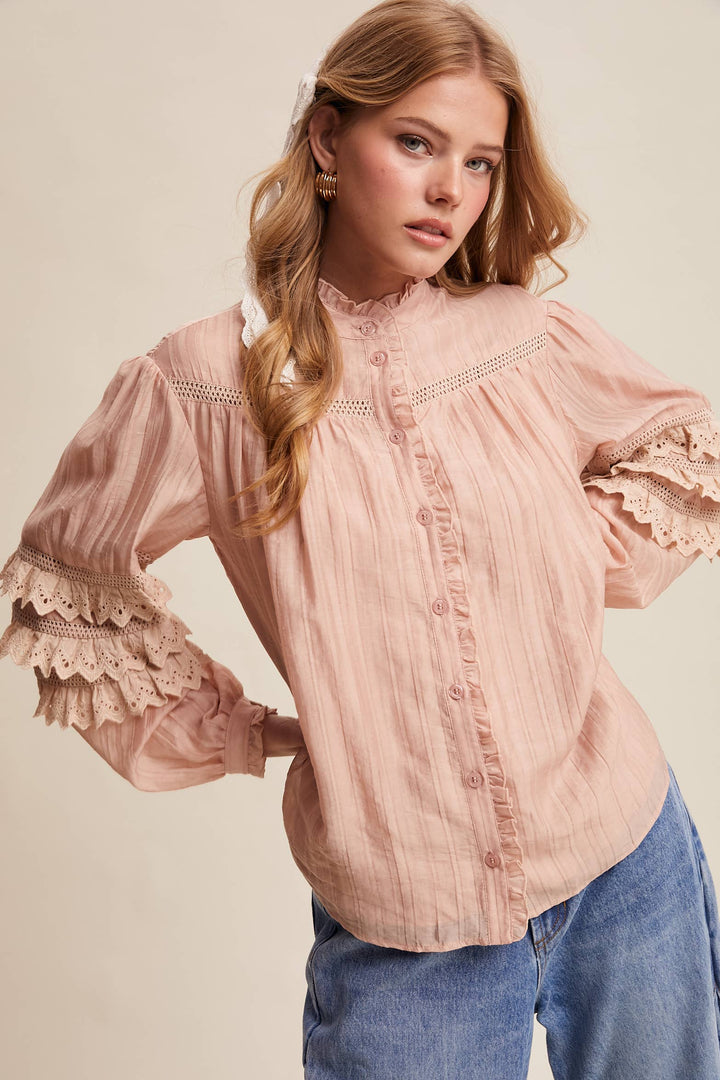 Lace Ruffle Sleeve Pintuck Blouse - Blush