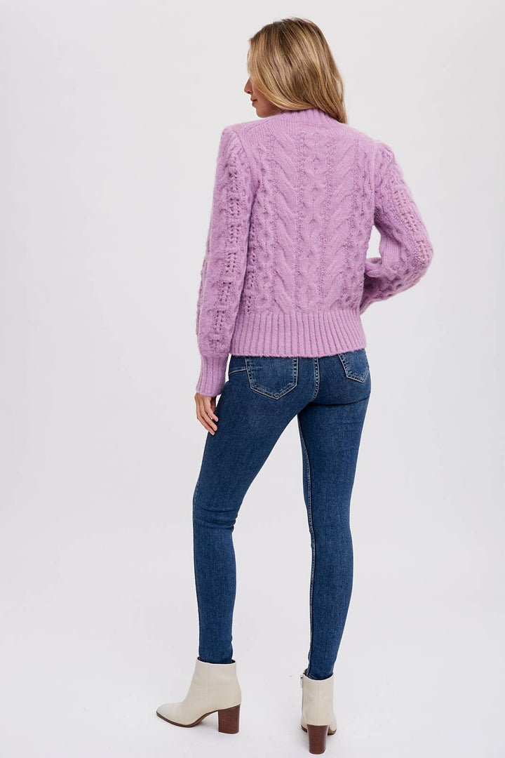 PUFF SLEEVES CABLE PULLOVER-Lavender