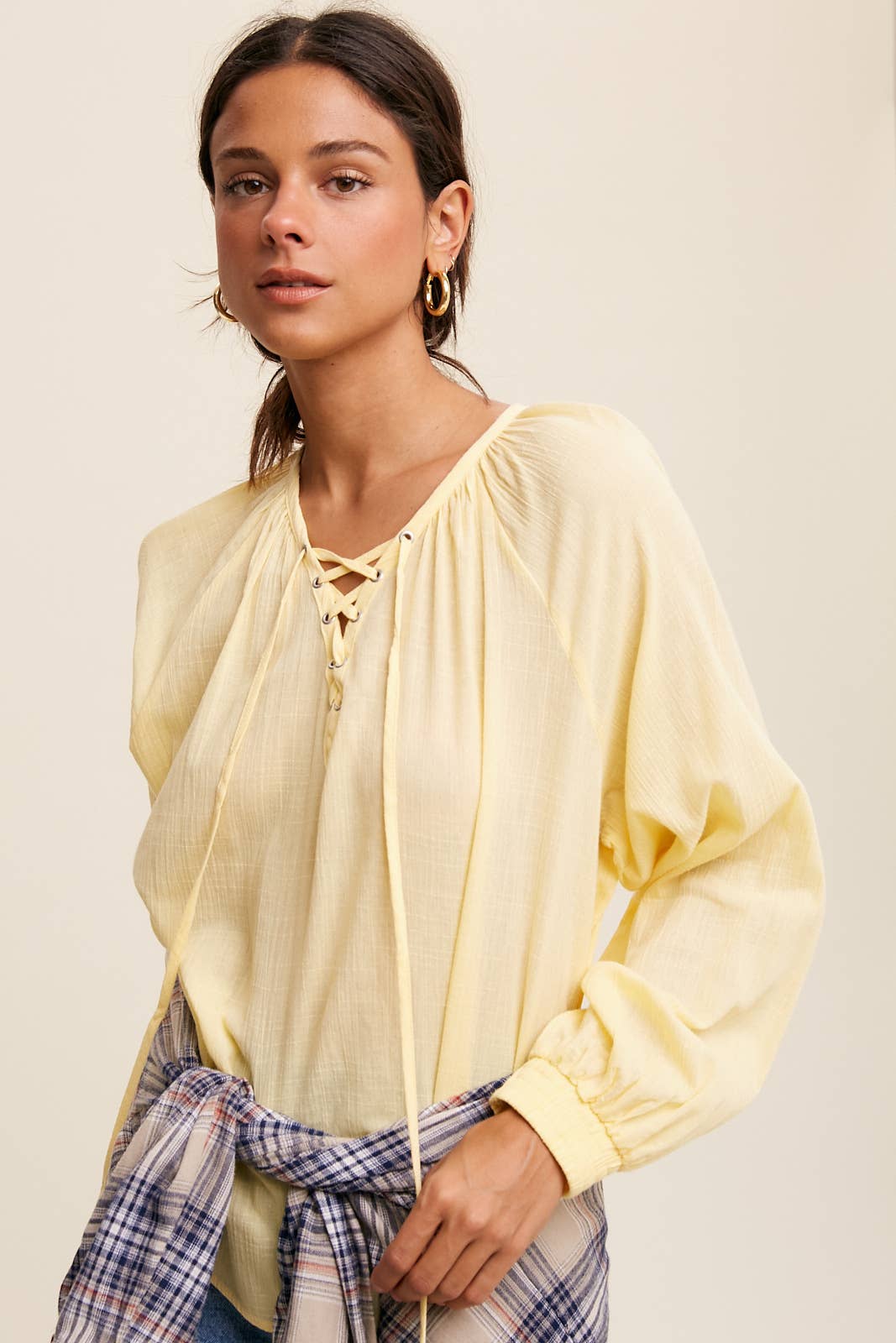 Lace-Up Gauze Peasant Blouse - Lemon Vanilla