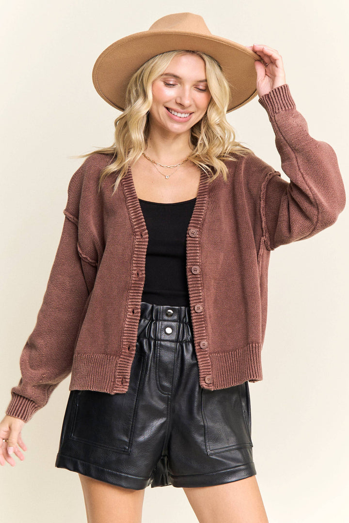 Knit Happens Button-Up Cardigan - Brown