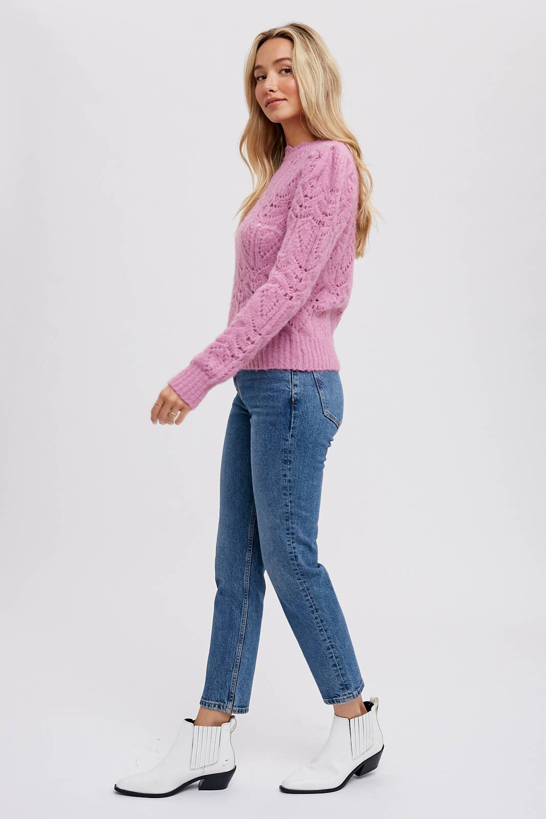 PUFF SLEEVE POINTELLE PULLOVER - Rose