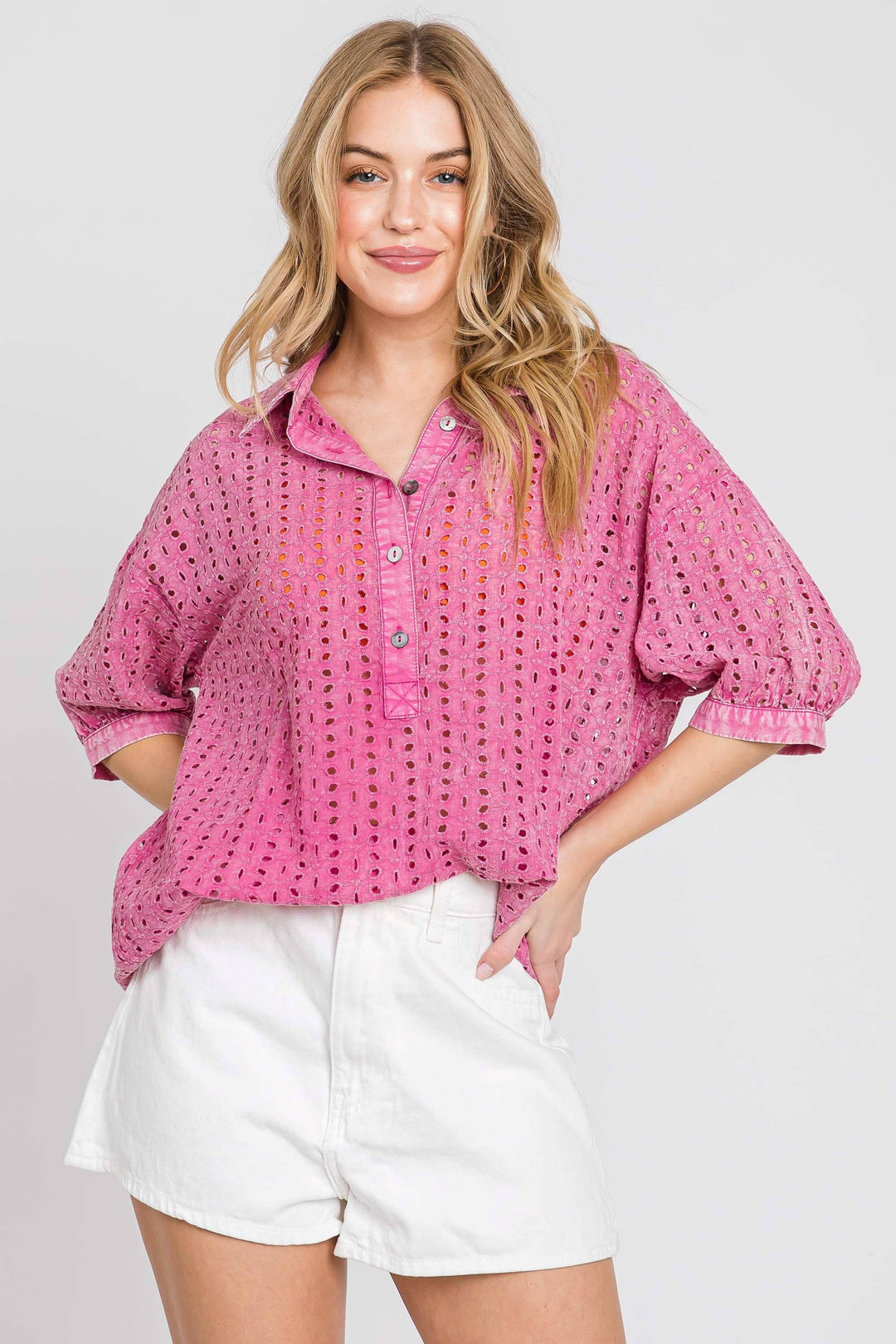 Cotton Eyelet Washed Top - 2 colors (Pink/Blue)