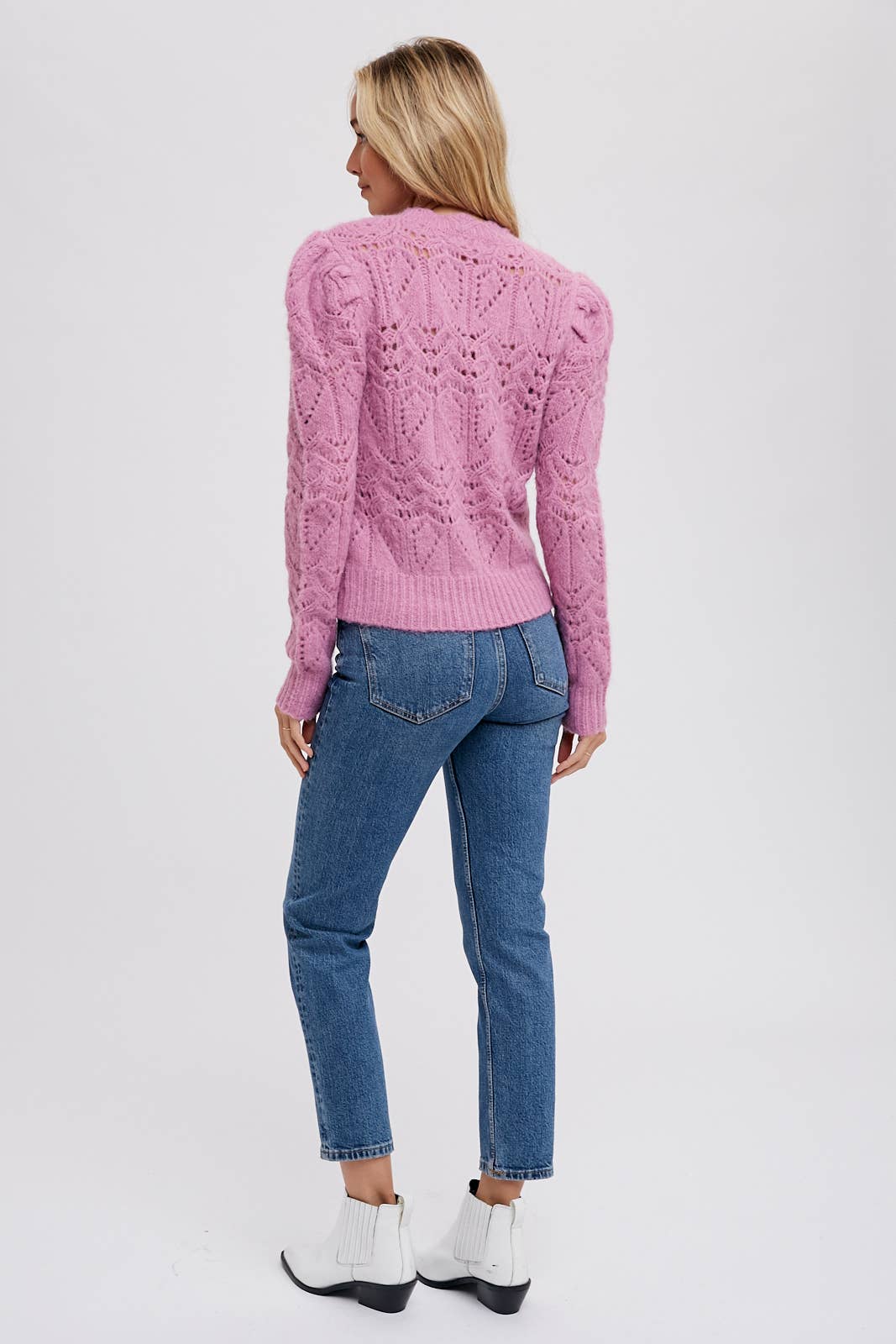 PUFF SLEEVE POINTELLE PULLOVER - Rose