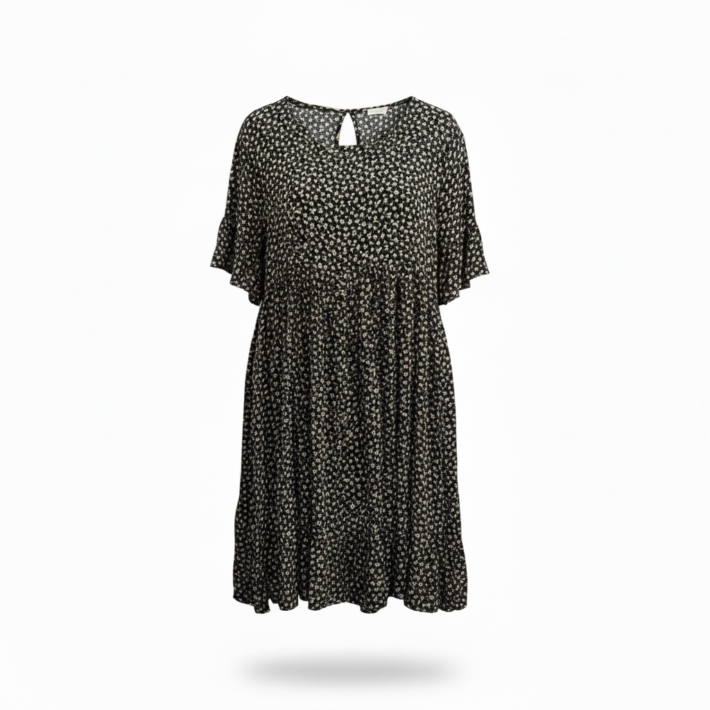 Chris & Carol Ditsy Floral Print Dress with Ruffle Sleeve - Black