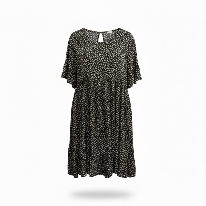 Chris & Carol Ditsy Floral Print Dress with Ruffle Sleeve - Black